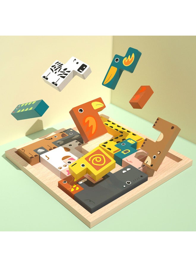 لعبة تعليمية للأطفال تضم حيوانات كرتونية تضم بلاطات تركيب خشبية مبتكرة على شكل تيترس للأولاد والبنات، تتضمن كتل بناء مرورية - اللون: تيترس حيواني (17 قطعة) - Image 2